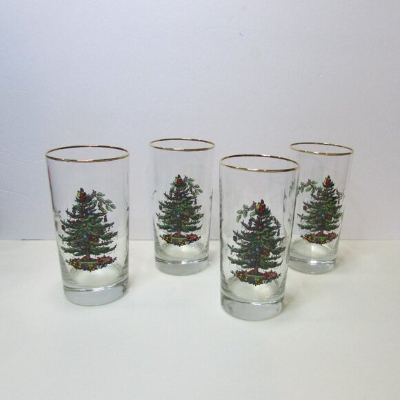 lot of 4 vintage Spode Christmas tree glasses 5 1/2" tall